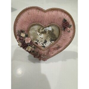 Vintage Pink Floral Heart Shaped Picture Frame Roses Ornate Resin 6" x 6"